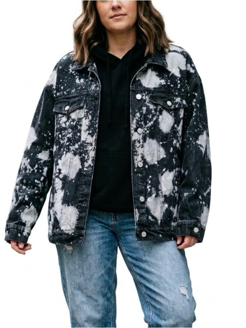 Altar'd State Black Acid Wash Denim Jacket Oversized Distressed Bleach Sz M